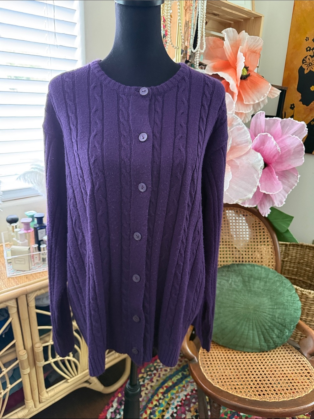 Vintage 90s Turtle Bay New York Jewel Tone Purple Cable Knit Cardigan Sweater